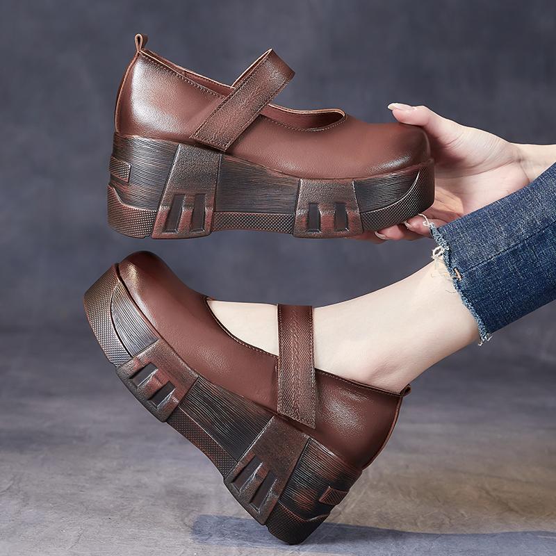 Móda GKTINOO 2024 Jaro Retro Dámské Boty z Pravé Kůže 7CM Klínky Podpatky Boty Silná Podrážka Ležérní Dámské Platformy
