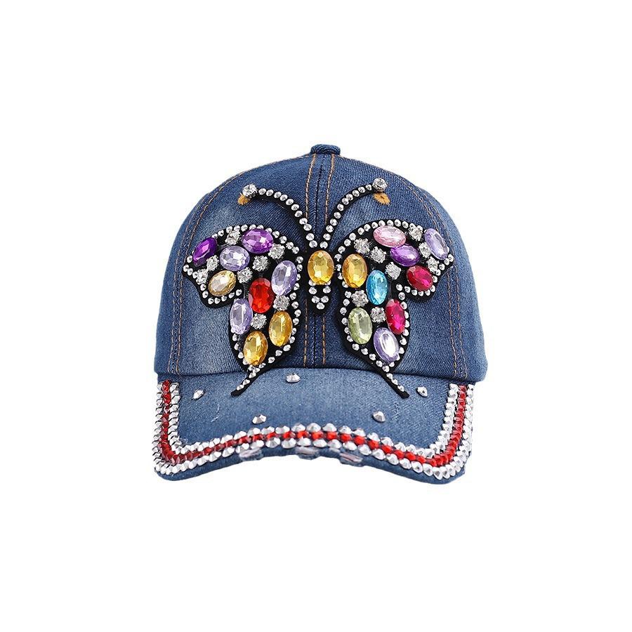 European and American Fashion Rhinestone Butterfly Denim Baseball Cap - Versatile Outdoor and Sun Protection Accessory