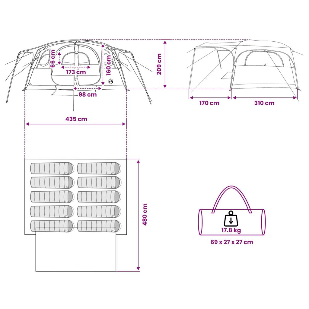 Tunnel Tent with Roof Green 427 x 305 x 205 cm Polyester and Steel