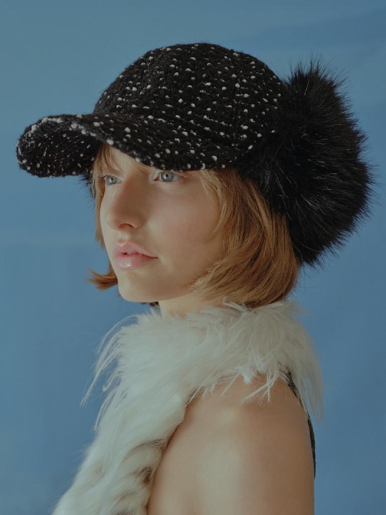 Poejidam Shaggy Earflap Cap In Boucle Dot Black