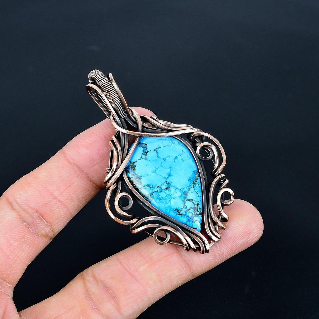 Turquoise 999 Copper Wire Wrapped Pendant, Handmade Gemstone Pendant Jewelry, Gifts For Wife Brand New Pendant