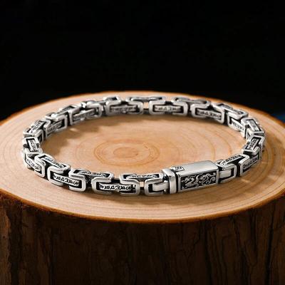 Bracelets en argent Mantra à Six caractères pour hommes, motif Dragon, tendance rétro Hipster Hip-hop, bijoux de personnalité