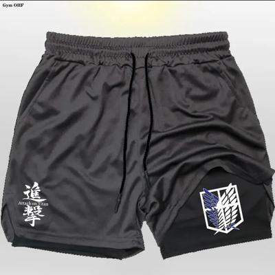 Anime Printed Men's Shorts Double-layer Two-in-one Sports Fitness Casual Pants