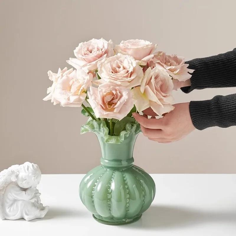 Cream Style Medieval Vase High Grade Glass Light Luxury Flower Arranger French Decorative Ornament  Style Terrarium pumpkin vase