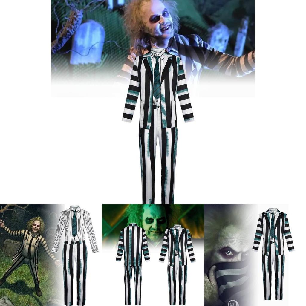 Snygg Beetlejuice Cosplay-dräkt med gröna, svarta och vita ränder Mjukt tyg