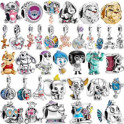 Miniso Disney 925 Silver Charms Bracelet Cute Cartoon Bear Dog Cat Fish DIY Bead Jewelry Women Accessories