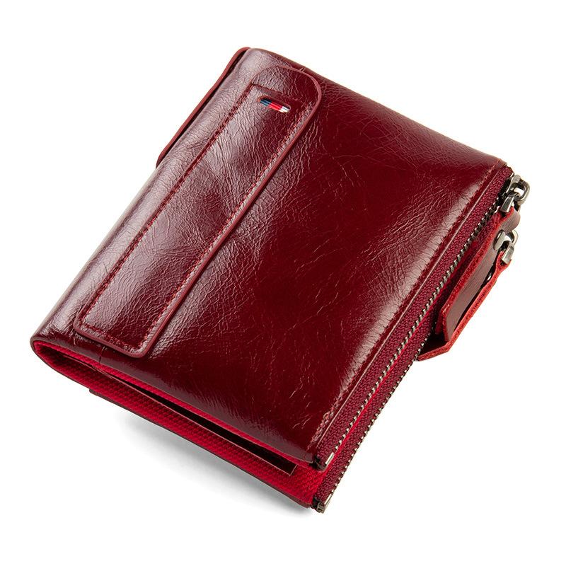 Portfel ze skóry licowej woskowanej z blokadą RFID – wielofunkcyjny, składany na pół, o dużej pojemności, z kieszenią na monety zapinaną na podwójny zamek błyskawiczny i klipsem na pieniądze