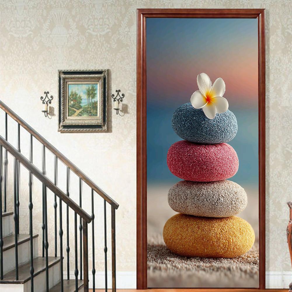 1 Stück Kieselsteinlandschaft Veranda Vinyl Türsticker für Schlafzimmer Heimdeko Selbstklebend Abnehmbares Wandtattoo Türrenovierung Wasserdichtes Poster