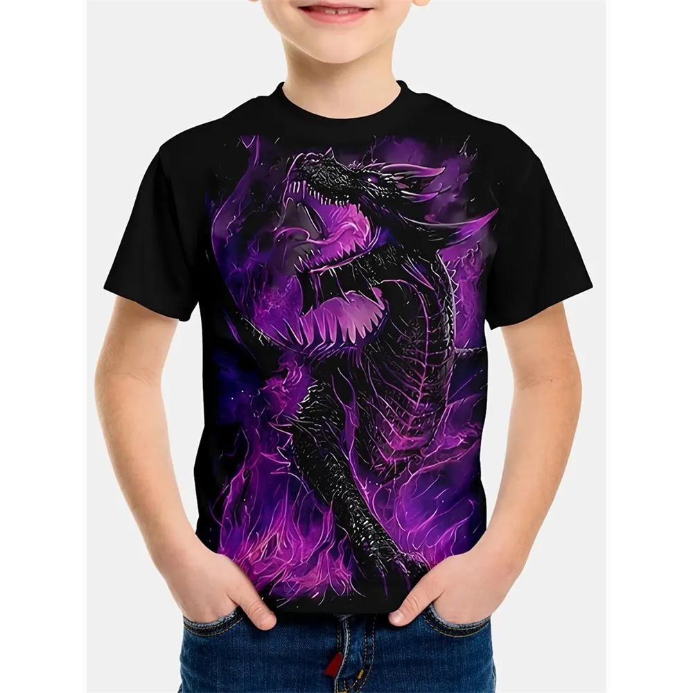 Boys' Summer Crew Neck Kids' Versatile Comfortable T-Shirt with Cool Dragon Pattern Short Sleeve Top