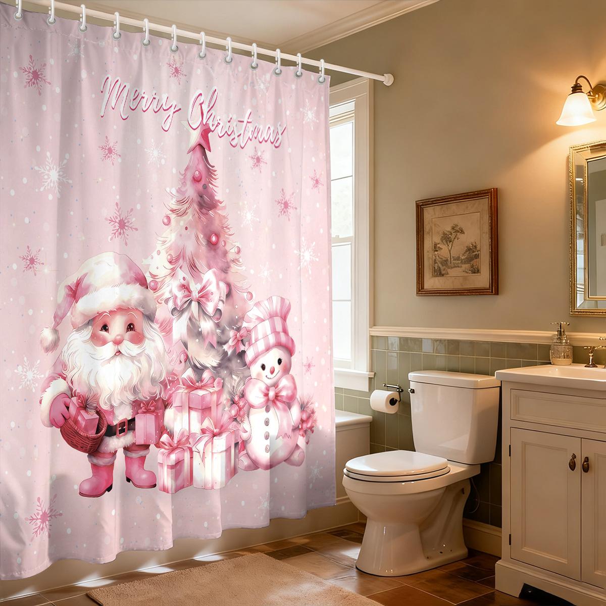 

1pc Pink Merry Christmas Santa Claus Print Waterproof Shower Curtain Partition Privacy Hanging Curtain 12 Hooks Multiple Sizes 90x180cm