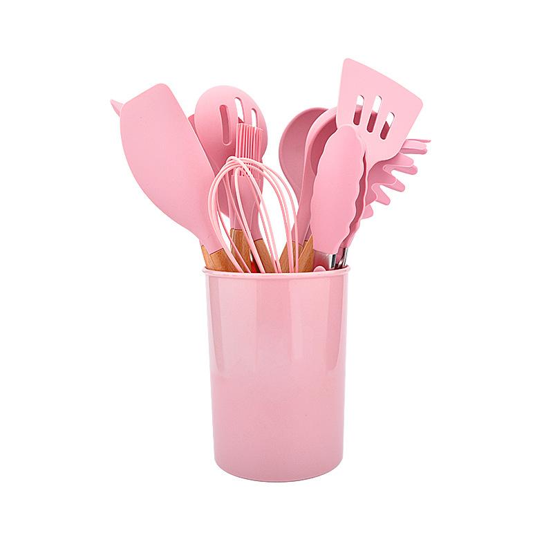 

12 шт./компл. деревянная ручка силиконовая кухонная утварь с ведром для хранения высокая термостойкость и антипригарное покрытие кастрюля шпатель ложка pink