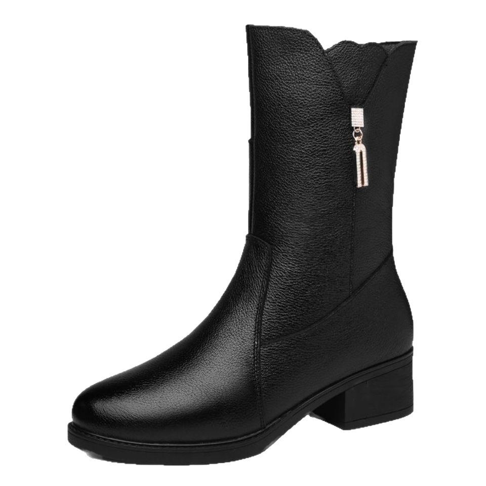 Heel Martin Boots Women's 2025 Winter New Fleece Warm Medium Boots Medium Heel Black Mom Leather Boots Knight Boots