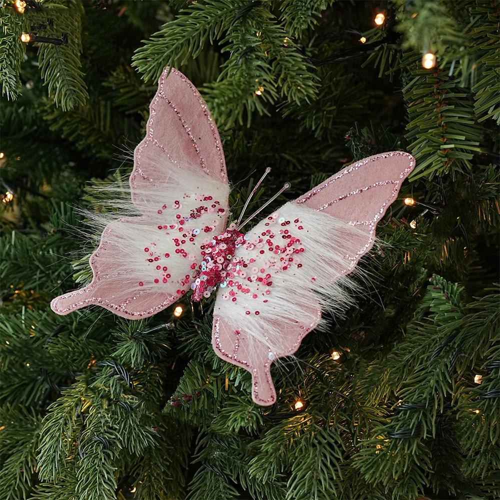 Clip-On Christmas Butterfly Ornaments Flocking Finish Xmas Butterfly Clip Decor  Holiday Party