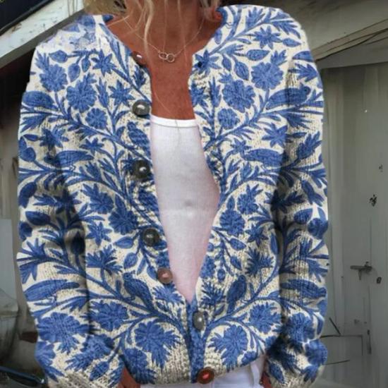 Women's Loose Fit 3D Print Round Neck Long Sleeve Cardigan Sweater