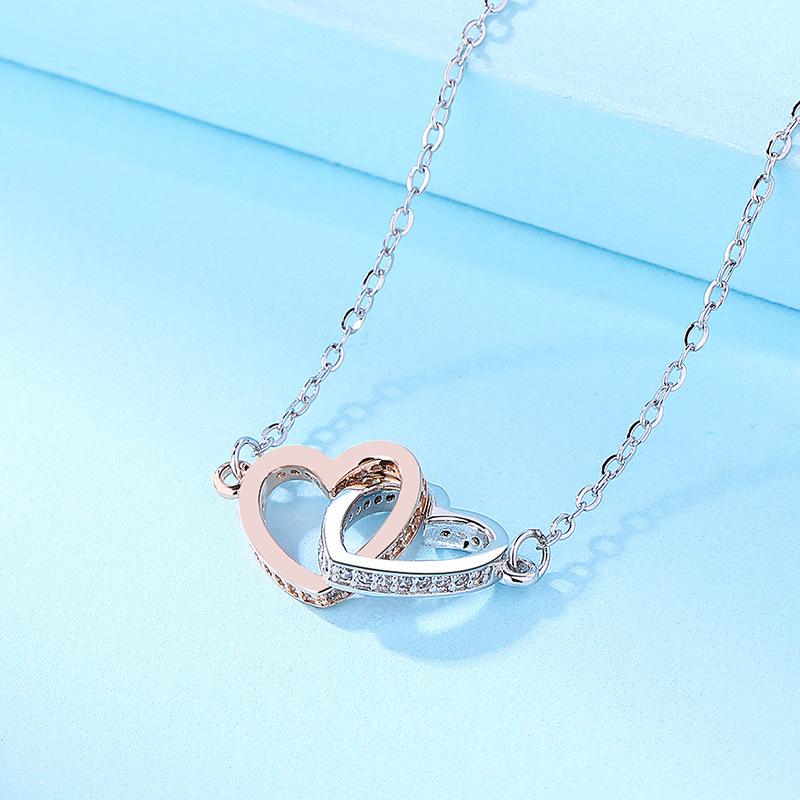 S925 Silver Doppel Herz Color Separation Necklace Light Luxury Minority Rose Gold Heart Buckle Sterling Silver Necklace