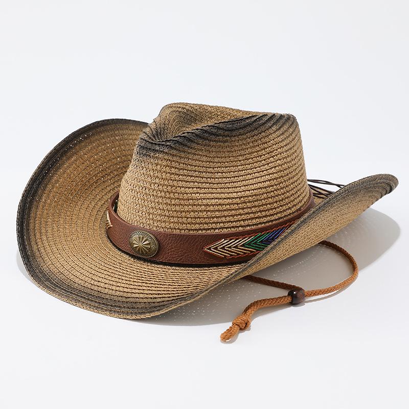Ethnic Style Straw Woven Western Cowboy Hat, Summer Travel Photo Big Edge Straw Hat, Outdoor Beach Sunshade Sun Protection Hat