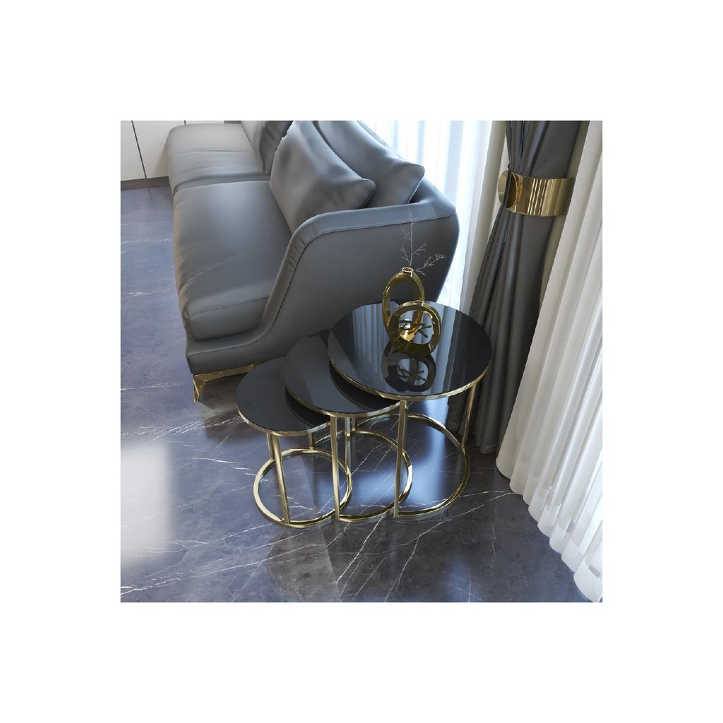 Ceylin 3-seat Nesting Coffee Table Silver Color Metal Leg, Black Unbreakable Mirror