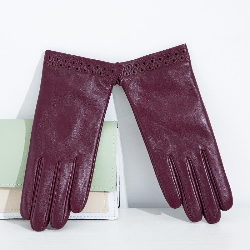 Ladies Sheepskin Gloves Classic Solid Color Versatile Leather Spring Velvet Lining Cycling Driving Gloves Autumn