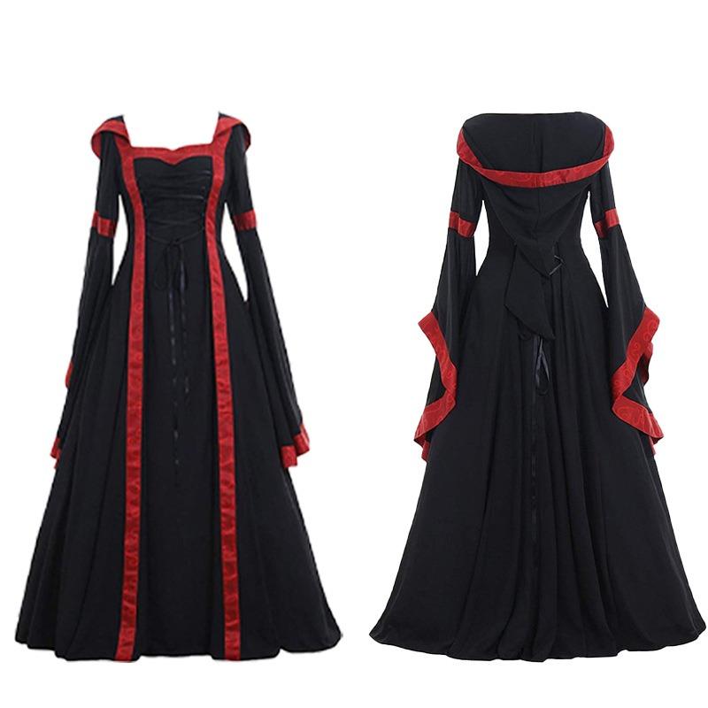 Women Vintage Medieval Court Style Square Neck Flared Sleeve Hooded Large Hem Dress