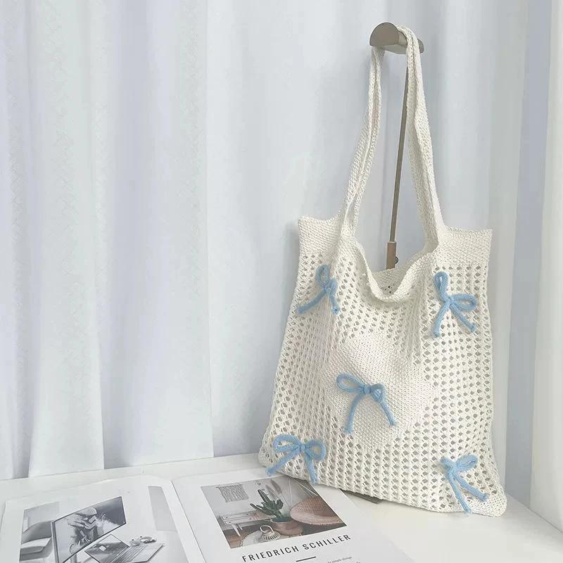Preppy Style Crochet Tote Bag with Butterfly Accents Solid Color Polyester Shoulder Bag Foldable Fashion Beach Bag