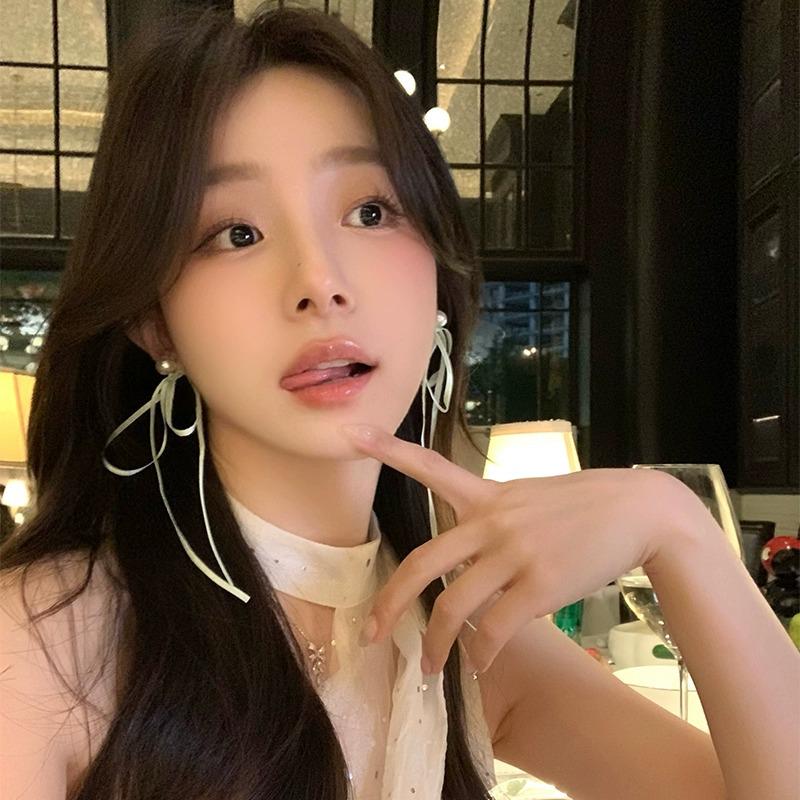 Elegant Ribbon & Pearl Bow Earrings for Women