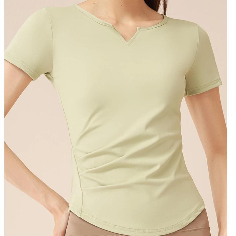 New Summer Running V-neck Yoga T Shirt Female Short sleeved Naked Quick drying Fitness Pleated Sports Top for Women
