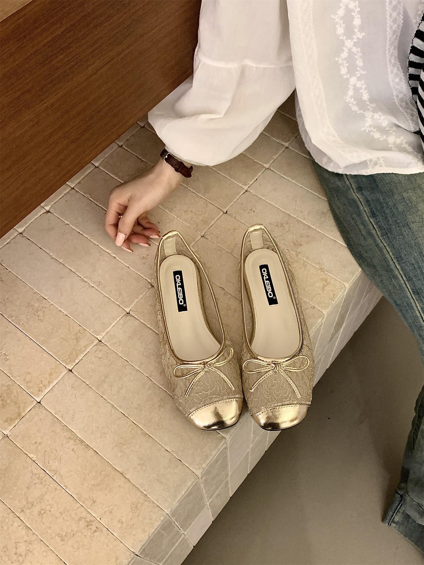 

French Temperament Small Fragrant Wind Mesh Single Shoes Women S Flat Heel Bow Commuting Spring And Summer Comfortable Skirt Evening Ladyshoes 35 золотой