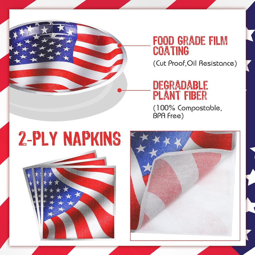 Mumufy 100 Pcs American Flag Patriotic Plates and Napkins 4th of July Party Supplies July 4th Disposable Paper Plates Napkins for Veterans Day