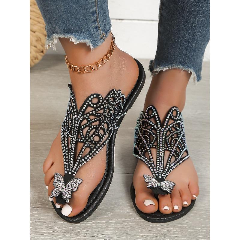 Summer Round Toe Clip Toe Rhinestone Bow Large Size Beach Slippers Women's Flat Comfortable