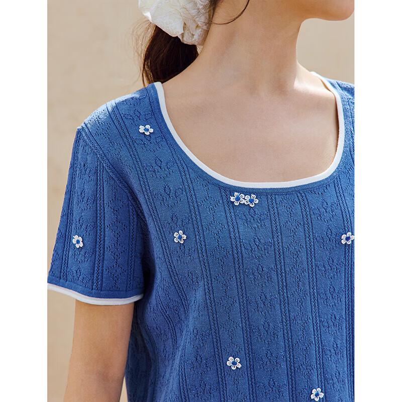 INMAN French Embroidered Hollow Knit Short-Sleeve Top