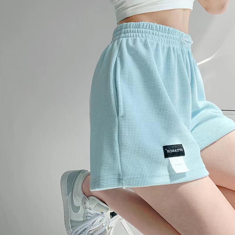 Women's Elastic Waist Waffle Shorts - Casual Loose Fit, High-Waisted, Wide Leg, Slim Sports Hot Pants