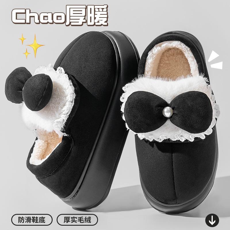 Bow Cotton Slippers Women's Autumn and Winter New Thick Bottom Outer Wear Velvet Warm Household Non-slip Cotton Drag Women