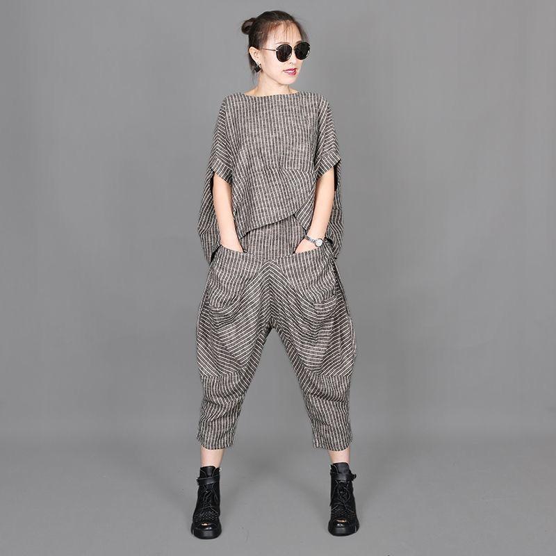 

Летние женские костюмы в полоску с коротким рукавом футболка свободный топ женские бриджи повседневные брюки комплект из двух предметов S