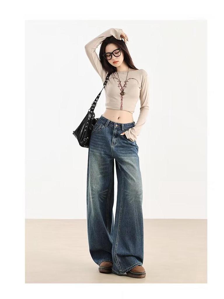 Women's High-Waist Deep Blue Wide-Leg Jeans - Versatile, Slimming, and Floor-Length for Spring & Autumn 2025