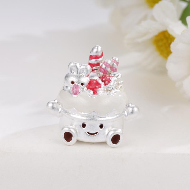 Sterling Silver 999 Strawberry Garden Cake Beads for DIY Jewelry