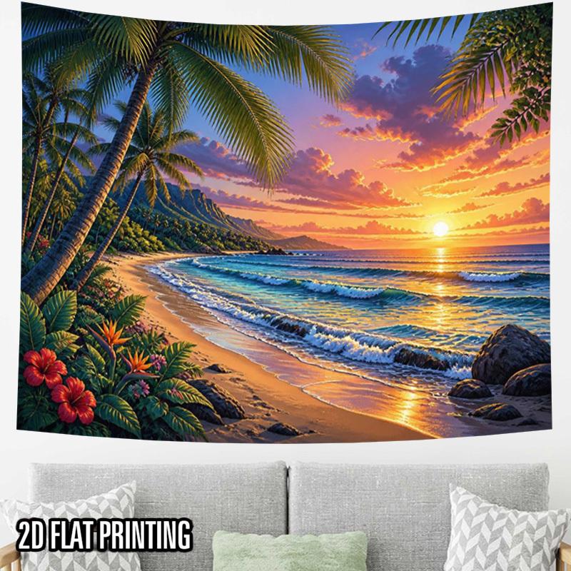 2D Flat - 2D Flat - 2D Flat Print 1pc Tapestry Tropical Beach Sunset Palm Tapestry, Decorative Wall Art for Home Wall Background Cloth, Creating Roman