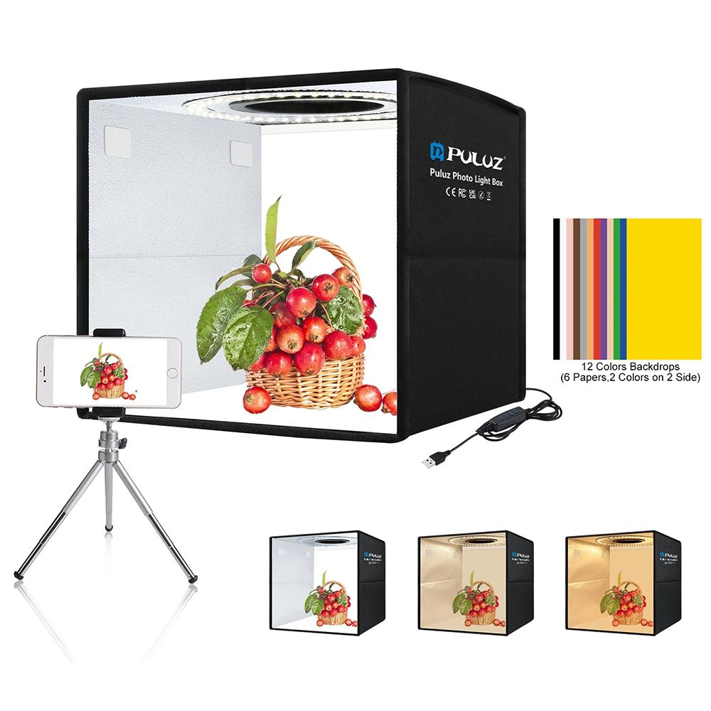 

PULUZ PU5027B 25cm Foldable LED Photo Studio Box Built In 3 Color Temperatures Ring Light, with 12 Color Backdrops A