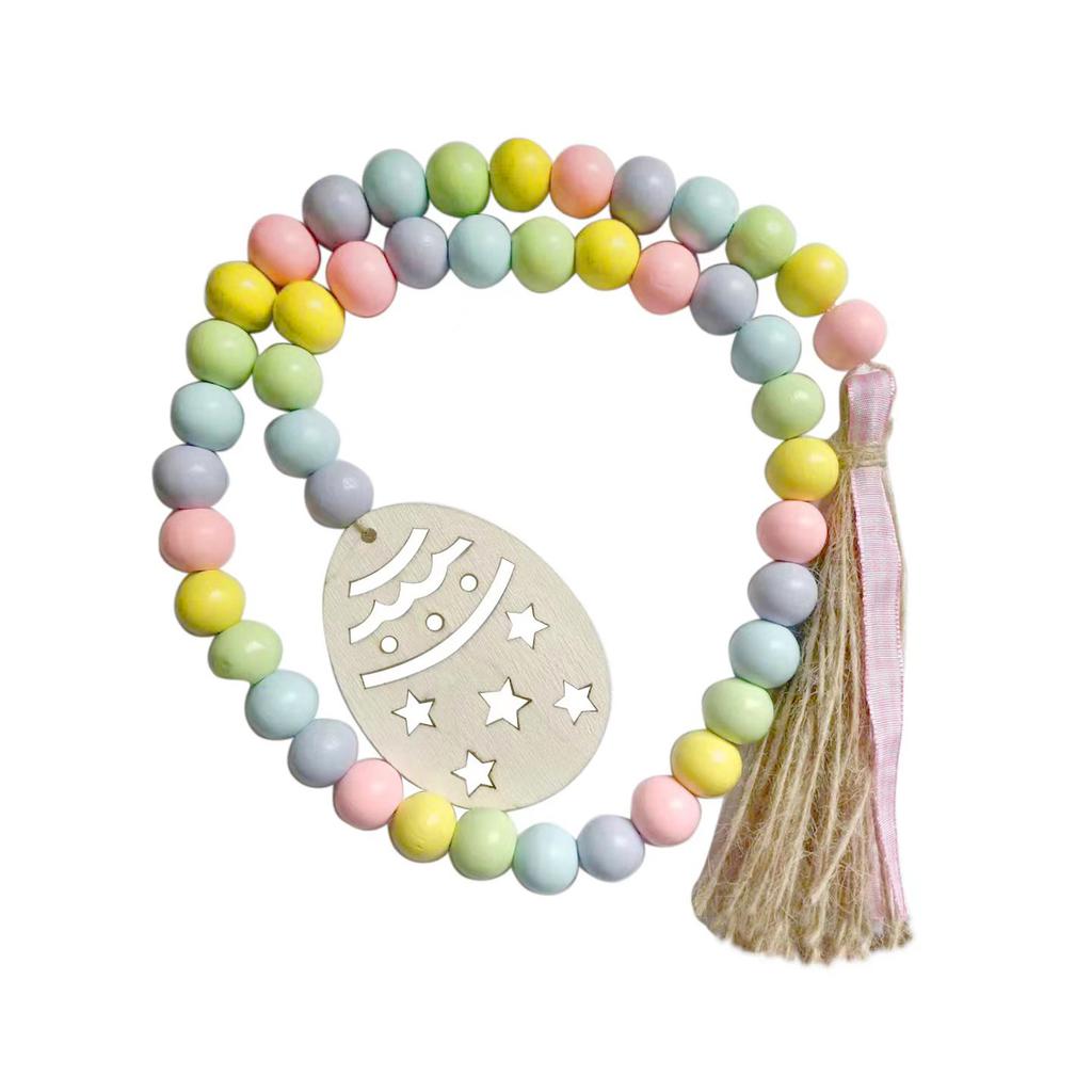 Easter Wood Bead Garland with Tassels Boho Wood Bead String 2.78-Feet with Easter Egg Cutout Farmhouse Rustic Country Wall Hanging Easter Home Decor