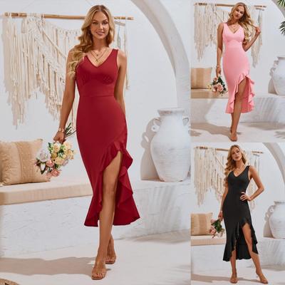 Summer Women Casual V Neck Sleeveless A Line High Waist Dress Solid Color Ruffle Hem Long Dresses Spring Fashion Sizes S XL