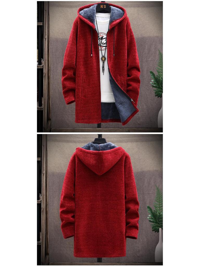 Men's Plus Velvet Thick Cardigan Sweater - Long Hooded Knitwear for Autumn/Winter