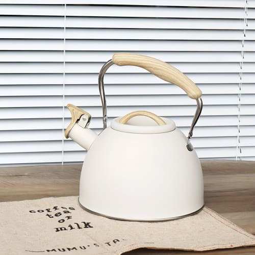 BDHD Whistling Kettle, Stainless Steel, Wide Mouth, with Wood Grain Handle and Touch Button, Large Capacity, Family-Friendly, Gas/IH Compatible, Cute