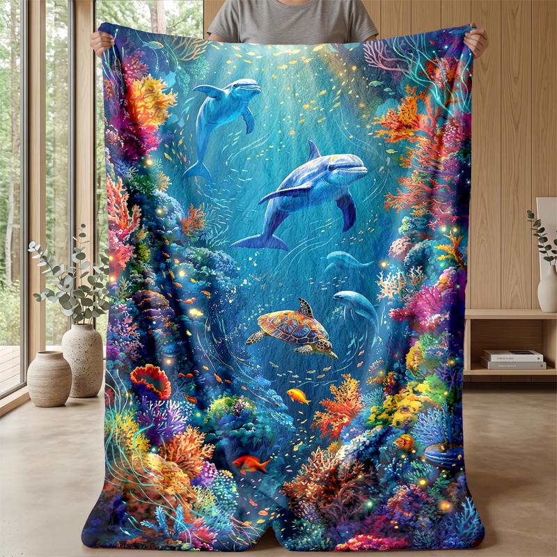Ocean Love Dolphins Theme Blanket Lightweight Warm Flannel Blanket Decorative Throw Blanket for Home Decoration