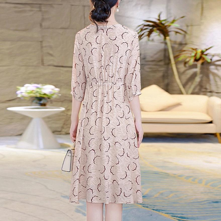 Double Crepe Silk Dress Women's Summer New Age-reducing Round Neck Tie Slim Mulberry Silk A-shaped Skirt