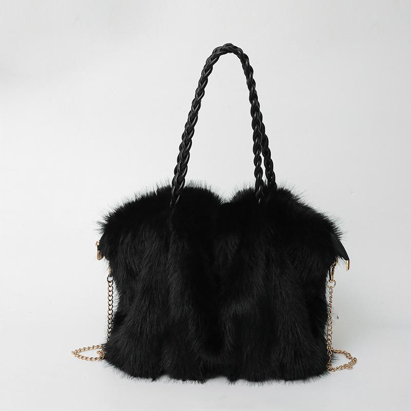 Women Fashion Plush Shoulder Bag Solid Color Woven Strap Large Capacity Soft Material Zipper Lightweight Daily Commute Handbag