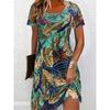 Elegantes atmungsaktives Rundhals-T-Shirt-Kleid mit kurzen Ärmeln und Allover-Muster