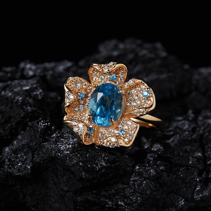 S925 Sterling Silver Natural Topaz Garnet Color Treasure Ring Women'S Fashion Trendy Flower Design Xiaohongshu