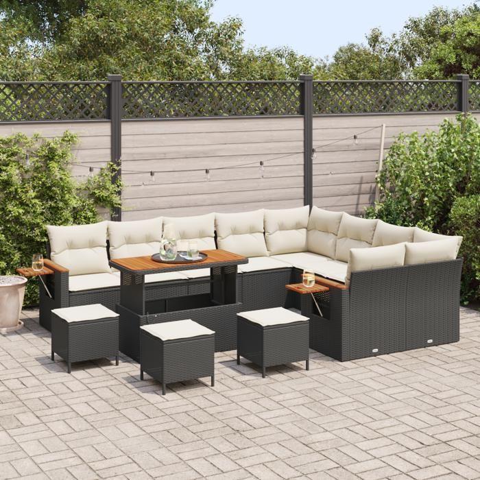 Ensemble de canapés de jardin 13 pièces noir avec coussins poly rattan acacia, Ensemble de salle à manger 4 pièces de jardin 3365170