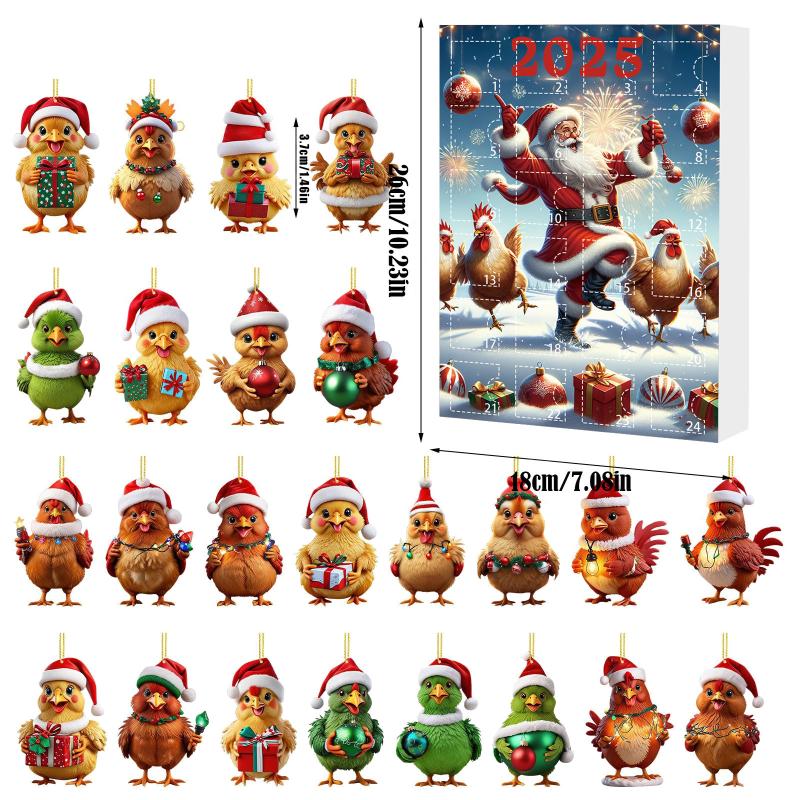 Advent Calendar 2025 Chicken With Santa Hats 2D Hanging Ornament Christmas Countdown Calendar Christmas Tree Decoration