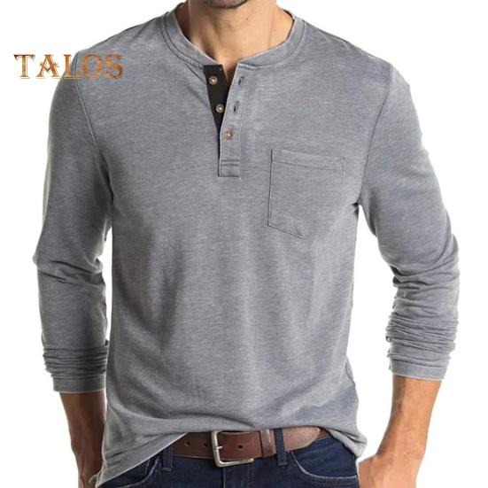 Men Spring Top with Chest Pocket Buttoned O Neck Slim Fit Long Sleeve Bottoming Clothes Solid Color Stretchy Pullover T-shirt