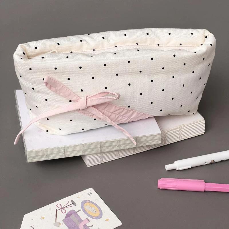 Tear Resistant Large Capacity Stationery Bag Polka Dot Bow Portable Student Pencil Pouch for School Use